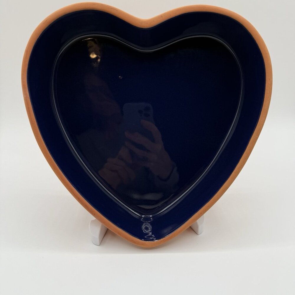 Romertopf Terra Rosa Reco Cobalt Blue Heart Terracotta Baking Dish Mexico 8X7.5”